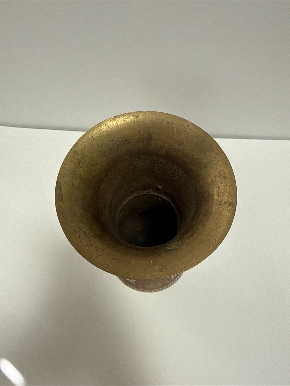 Solid Brass Decorative Vase with Red Accents hand etched from Saudi Arabia - Picture 8 of 11